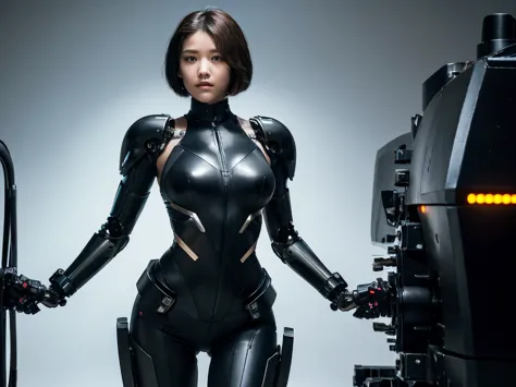 robot warrior female mechanic, streamlined posture, all black, emphasizing her mechanical components and combat readiness, she&#...