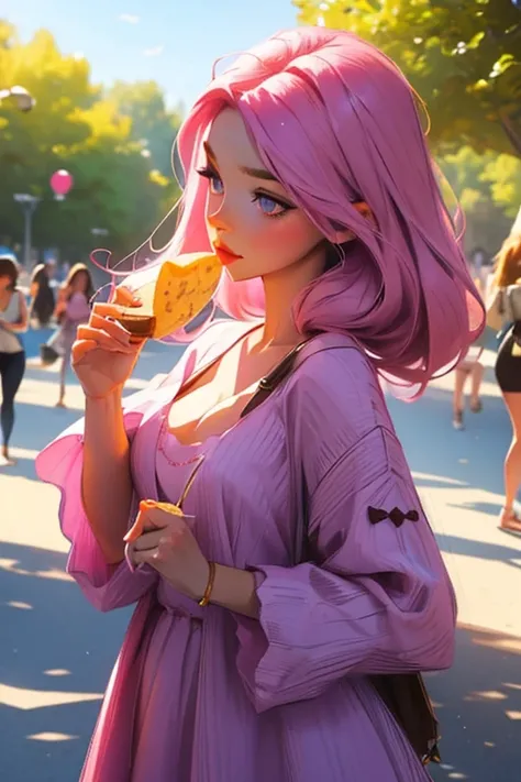 A pink haired woman with violet eyes with an hourglass figure in a summer dress is eating a cookie at the park