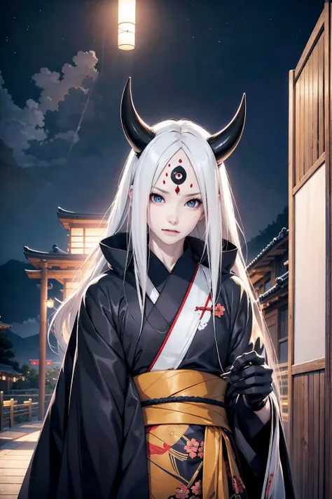 1 man, 40 years, solo, black kimono, night sky, japanese temple, wallpaper, perfect anatomy, perfect hands, masterpiece, looking at viewer, spiked hair, otsutsuki momoshiki, long white hair, hair over one eye, black gloves, third eye, pale skin, horns, for...