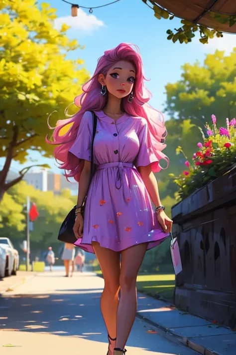 A pink haired woman with violet eyes with an hourglass figure in a summer dress is painting in the park