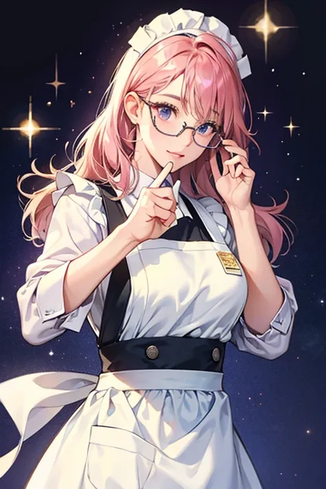 She wears eyeglasses and a white apron. SPARKLE; GLITTER