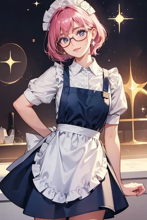 She wears eyeglasses and a white apron. SPARKLE; GLITTER