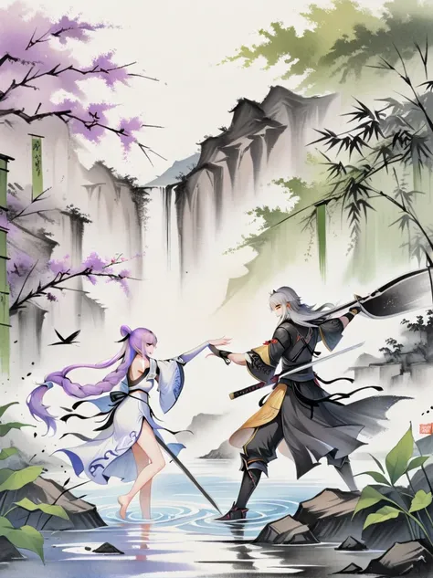 (1yj1)，Ink Painting，1girl，1boy，(Swords intersect)，Face-to-face combat，Purple Hair，Purple Eyes，Long hair，Gray hair，Ponytail， A couple on the water，Wearing exquisite Chinese Tang Dynasty Mingguang armor，Behind is a bamboo forest，sword，landscape，Ultra HD reso...