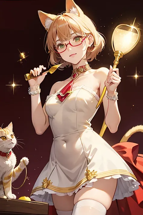  lemon yellow Scottish Fold cat with light brown drooping ears, head stripe and  white paws, belly and muzzle. her Jewel Eyes are made out of red alexandrites. For his attire, she wears a pair of brown glasses and a brown collar with a red spade-shaped ale...