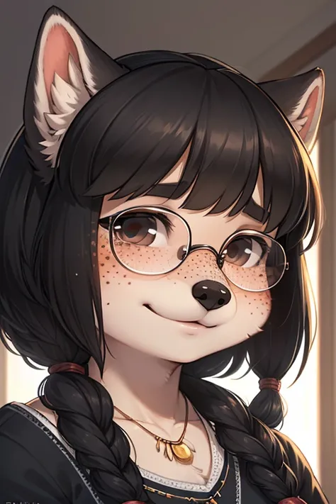 Unrealistic Perspective , dynamic angle , dynamic model action , realistic hairy fur , racoon dog , Freckles , geek , round face , moist round eyes , Swollen cheeks , hair ties , Short stature , 
Delicate painting, Beautiful girl, Long black hair, Wavy Hai...