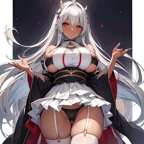 Expressive eyes, (((1 girl))), ((anime)), (Silver Hair), ((Red eyes))，(Half closed eyes), ((very Big Breasts)), ((Firm breasts)),   ((Exposed thighs)),((goddess，Angel))((Monastic Clothes)), ((Big Breasts，Turn your back)), ((Blunt bangs)), ((People with dar...