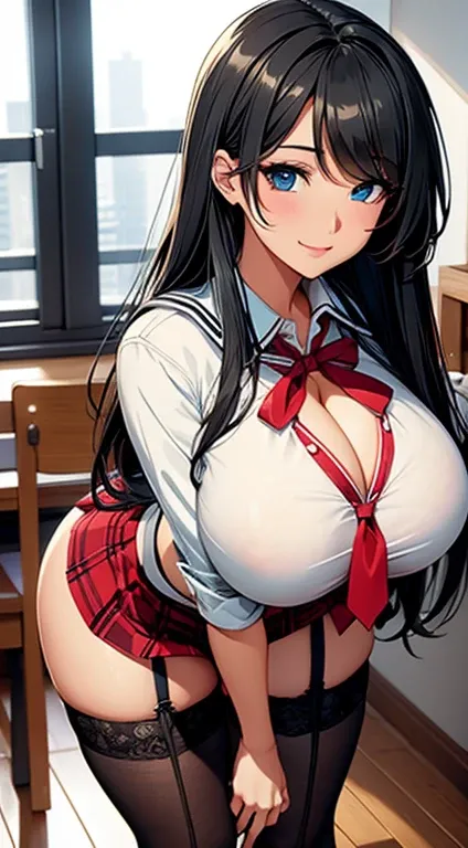 school girl, sexy body, sailor , big breasts, cleavage, big hip, stockings, garter belts, smiling, beautiful face, detailed face, very detailed eyes, long black hair, black eyes, beautiful eyelashes, (full body), high quality, detailed background, high res...