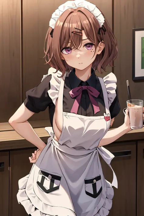 Best quality， higher， 1 Girl， Higuchi Madoka， Brown hair， Moles under the eyes， Hair accessories， Hairpin， Short and delicate hair， By Bangs， Purple Eye， Cowboy lens，  ((Shy)), ((apron)), ((nude)), naked apron,big腿，  Poker face， side面，（（（side，panty shot,bi...