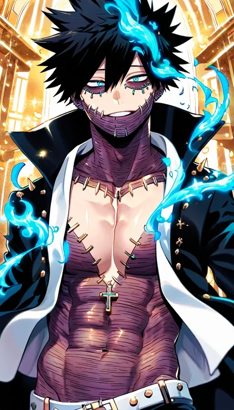 Ultra detailed, HDR, Highres, absurdres, master piece, Dabi, black hair that spikes upward around his head, expressive turquoise eyes, black coat, Boku No Hero Academia, cross, petals, butterflies, sexy man, solo, handsome, glittering, toned chest, white s...