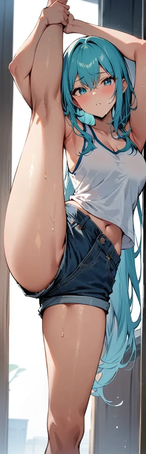 (masterpiece, best quality:1.2), 1girl, solo,standing_split, 
long hair, White sleeveless tank top，blue denim shorts