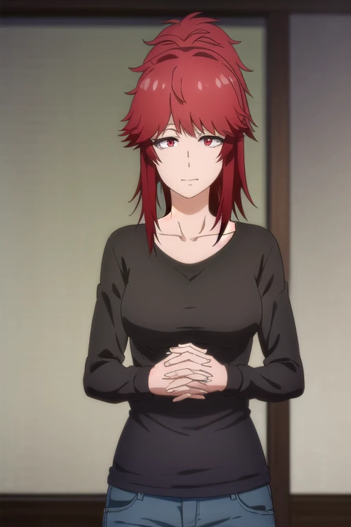 akemiaizawa, akemi aizawa, (red eyes:1.3), red hair, medium hair, ponytail, smile, shirt, long sleeves, collarbone, black shirt,...