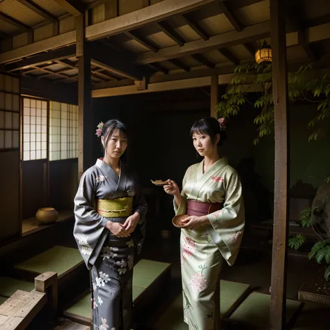 In ancient old japanese house in dark forest, in the middle of the jungle, 2 beautiful maid wearing old kimono, with japanese food, roasted meat and fish