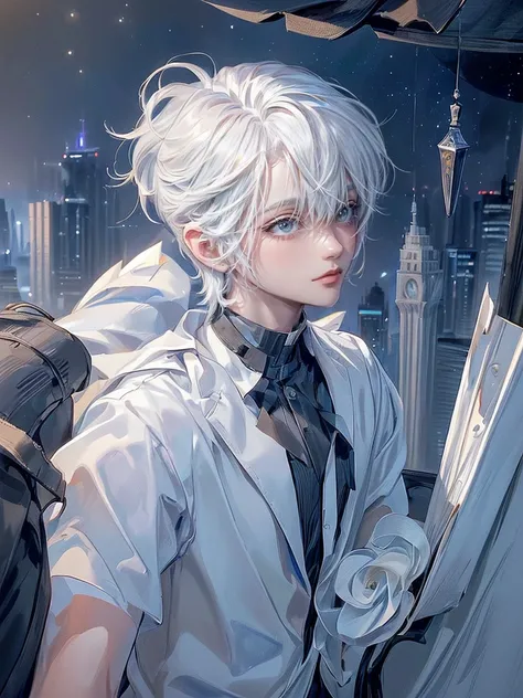 ((4K works))、​masterpiece、(top-quality)、One beautiful boy、Slim body、tall、((Black Y-shirt and white pants、Charming British knight style))、Please wear one jacket、(Detailed beautiful eyes)、Fantastic Night City、((City under the stars))、Fantastic city at midnig...