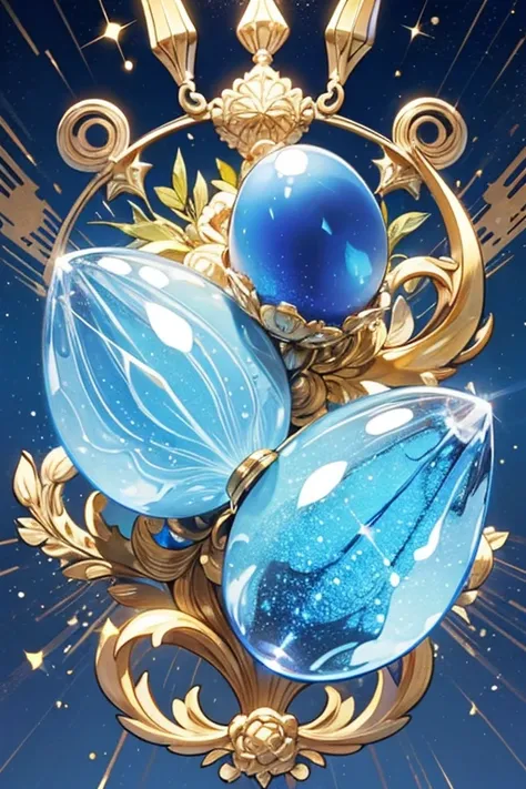 Granites Jewel Charm is egg-like, with a flat base and a small, cylinder-like protuberance on top. The bottom is decorated with light blue flares surrounded by beads of the same color; the base appears to be a darker blue. On the center is a golden circle,...