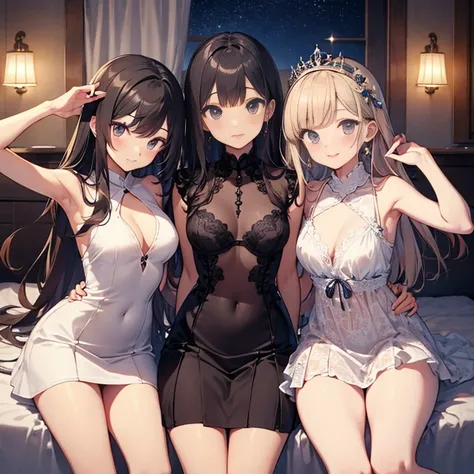 A group of young princesses, (in bedroom), various hair styles, harem, wearing royal dress, night, details face, , short skirt, seducing, sleeveless , showing armpits, night, starry night