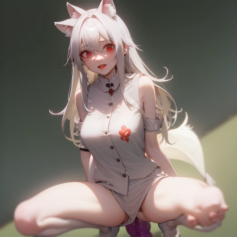 Create an image of a n4k3d white haired fox girl, red eyes, long hair, two arms, two spr34d 4p4rt legs, 5 finger in each hands, one body, fox ears, mouth open, m04n1ng, thin and slender body, being r4p3d