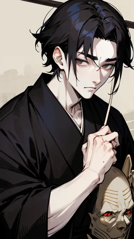 Black kimono from the Taisho period、（Pale-faced man）、（A sick and emaciated man）、Upper Body、Black Hair、Handsome