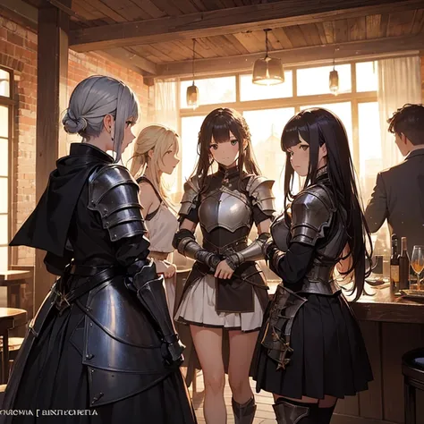 A group of young female knight, (in tavern), various hair styles, harem, wearing armored clothes, metal armor, night, details face, , short skirt, seducing, sword, sleeveless , night, starry night 