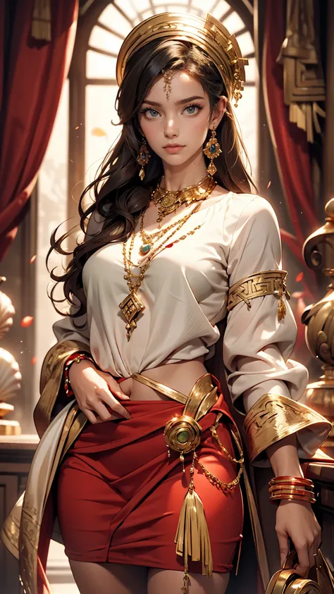 Gypsy woman with green eyes and black hair, White blouse with gold medal and red skirt with frills, Shell Necklace.Well-balanced proportions like a Greek sculpture