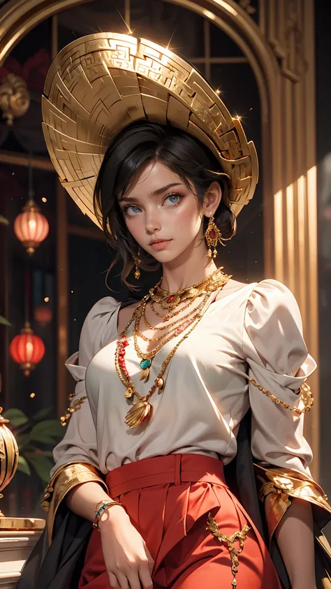 Gypsy woman with green eyes and black hair, White blouse with gold medal and red skirt with frills, Shell Necklace.Well-balanced proportions like a Greek sculpture