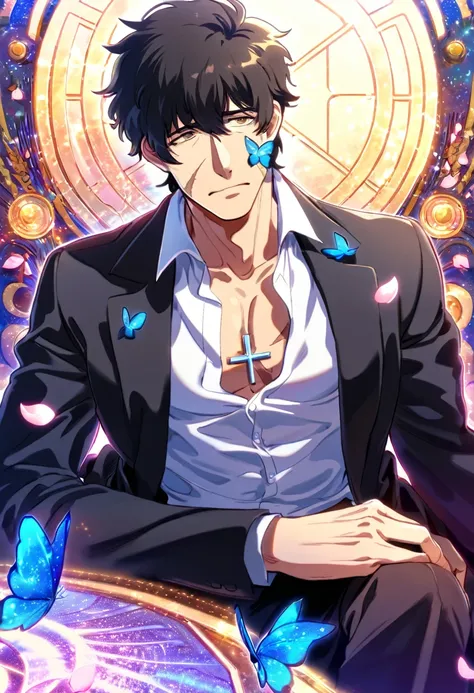 Ultra detailed, HDR, Highres, absurdres, master piece, Steven A. Starphase, black hair, expressive brown eyes, black coat, Kekkai Sensen, scar on his left cheek, cross, petals, small blue butterflies, sexy man, solo, handsome, glittering, toned chest, whit...