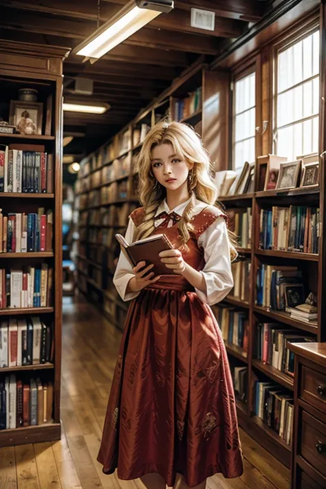 masterpiece, highest quality, High resolution, 12-year-old girl、blue eyes、
blonde,  Braiding、Long Hair、Red dress、Classical Western Architecture、Bookshelf、Standing with a book