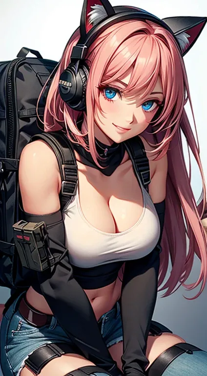 military girl, sexy body, white tanktop, jeans hotpants, big breasts, cleavage, big hip, black stockings, garter belts, high heels boots, smiling, beautiful face, detailed face, very detailed eyes, pink long straight hair, blue eyes, cat ear shaped headpho...