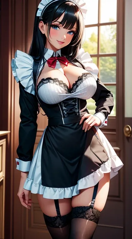 maid, maid uniform, dress, apron, knight armor, sword, sexy body, big breasts, cleavage, big hip, stockings, garter belts, smiling, beautiful face, detailed face, very detailed eyes, long black hair, blue eyes, beautiful eyelashes, (full body), high qualit...