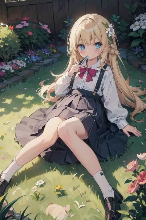 masterpiece, highest quality, High resolution, One 5 year old girl、blue eyes、
blonde,  Braiding、White shirt, Check skirt, White panties、garden、flower bed、Lying on the grass