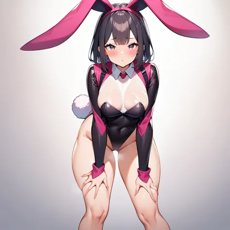 nsfw,1girl,leotard,best quality, very aesthetic, absurdres,Whiteleotard,(Transparent),(Rabbit headband),looking at viewer,straight on,hand on Thighs,closed arms,Curvy,Bend over,