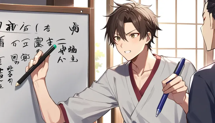 A young man explaining using a whiteboard、Please write in Japanese anime style。