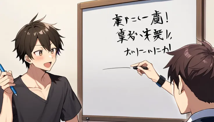 A young man explaining using a whiteboard、Please write in Japanese anime style。