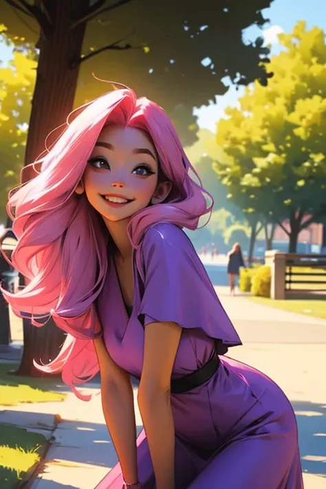 A pink haired woman with violet eyes with an hourglass figure in a summer dress is posing at the park while leaning forward and smiling 