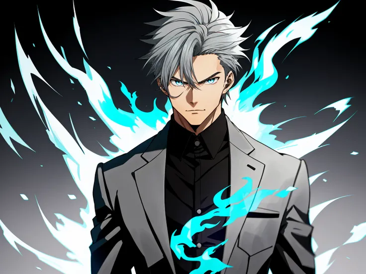 Short silver-gray hair、wearing black suit，Blue flame background,Male anime characters