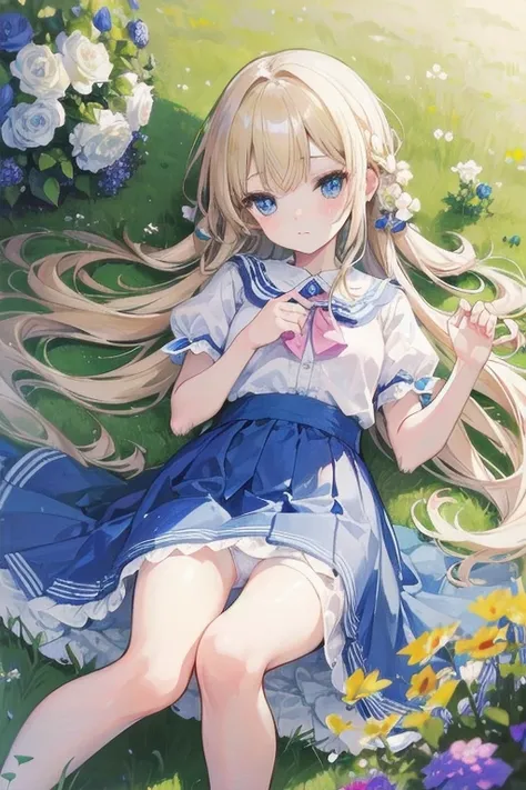 masterpiece, highest quality, High resolution, One 5 year old girl、blue eyes、
blonde,  Braiding、White shirt, Check skirt, White panties、garden、flower bed、Lying on the grass