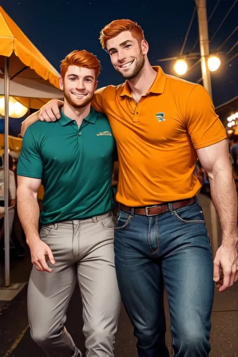 Photo-realistic. A tall, muscular, handsome, 24-year-old jock, with orange hair, stubble, and green eyes, wearing a teal, graphic T-shirt, and jeans, arm around a fit, handsome, 30-year-old, man with short, shaved, brown hair, stubble, and blue eyes, weari...