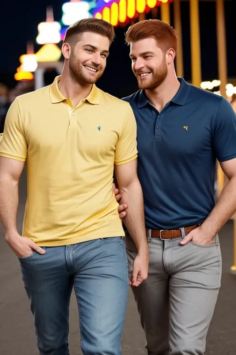 Photo-realistic. A tall, muscular, handsome, 24-year-old jock, with orange hair, stubble, and green eyes, wearing a teal, graphic T-shirt, and jeans, arm around a fit, handsome, 30-year-old, man with short, shaved, brown hair, stubble, and blue eyes, weari...