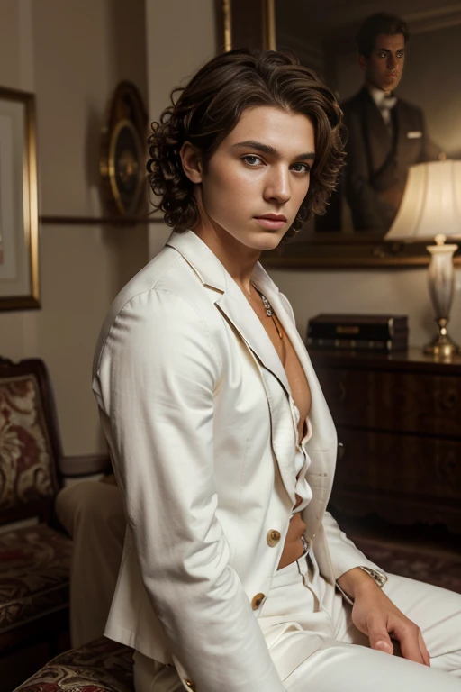 (tmasterpiece, high resolution, ultra - detailed:1.0), (1 boy, Young male), Eyes looking at the camera, Perfect male body, Extremely detailed CG, 8K wallpaper, Complicated details, solo person, ((Deep amber eyes)), ((Light brown hair with short curly edges...