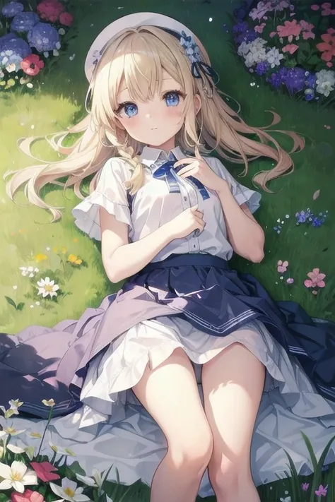 masterpiece, highest quality, High resolution, One 5 year old girl、blue eyes、
blonde,  Braiding、White shirt, Check skirt, White panties、garden、flower bed、Lying on the grass