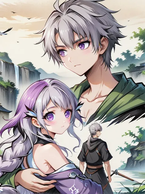 1yj1)，close shot, 1gir, 1boy, embrace，eyes look at you，purple hair，purple eyes，long hair，gray hair，ponytail，(1 couple)，anime cha...