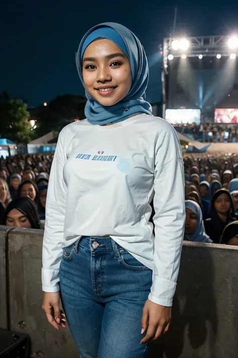 Portrait photography of a beautiful young malay girl in hijab wearing white long sleeve, long tshirt and light blue worn-out jeans watching a concert, nightime, concert background, bright lighting, smile and happy gesture,