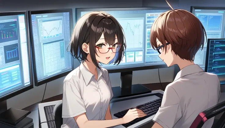 Young female programmer、short hair、Glasses、In front of the display and keyboard in the room、System development scene。