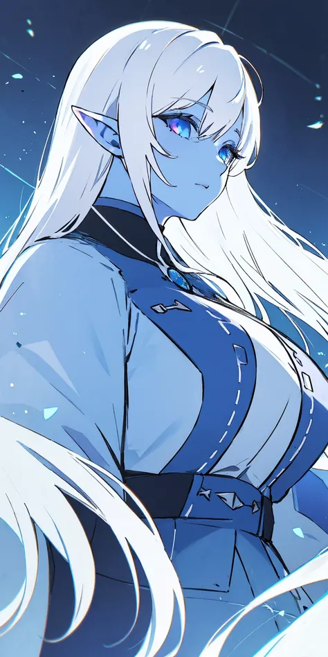 Big, blue skin color, white hair, blue ayes, pointy ears, hyper realistic, ultra detail, high res