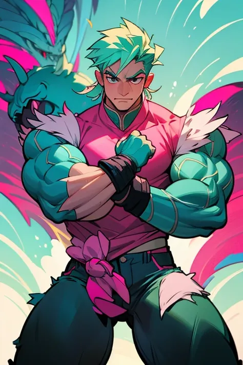 large and muscular dragon man_ white scales with turquoise and pink details_ wearing a stylish coat with abstract details_ ripped black jeans. super muscular_ bodybuilder_ big dick.