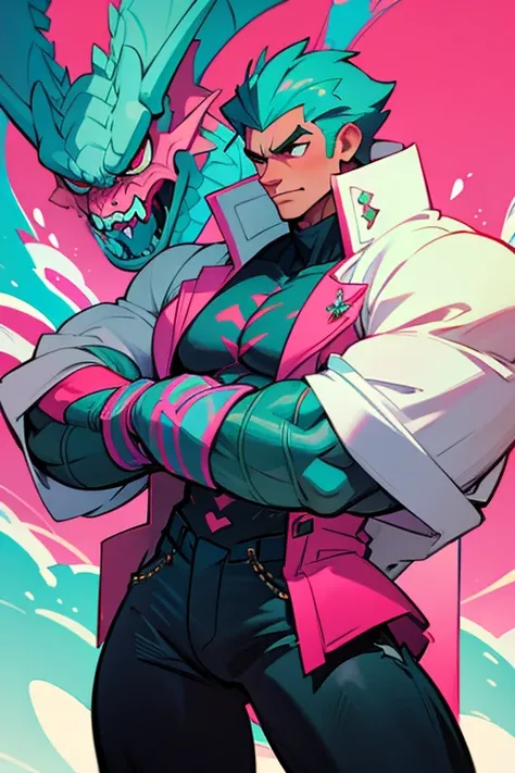 large and muscular dragon man_ white scales with turquoise and pink details_ wearing a stylish coat with abstract details_ ripped black jeans. super muscular_ bodybuilder_ big dick.