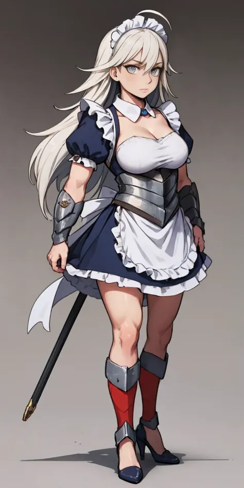 Female, standing, straight, long_hair, messy_hair, white_hair, maid with armor, metal high heels