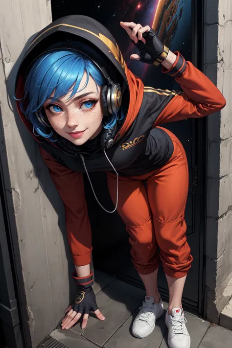 ava, short blue hair, blue eyes,freckles , standing, leaning on wall, full body, relaxing, smile,  close up, 
agear,headphones,h...