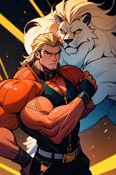 Large and muscular anthropomorphic lion_ white mane_ golden eyes_defined muscles_bodybuilder. Wearing harnesses and black leather.