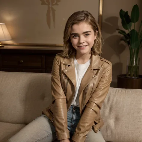 Kiernan Shipka dressed in beige leather jacket and tight jeans and smiling