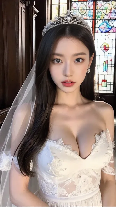 ((Large Breasts:1.3))In front of the stained glass in the church、8k、Real Photo、超A high resolution, Master Parts, highest quality, Hmph , Cinematic images,Nice girl、Ann、1６age、Annグロサクソン、Green Eyes、double eyelid、very droopy eyes、（very, very大きな目：1.８）、Dark eyes...